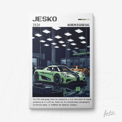 quadro em estilo pixel art com carros esportivos Koenigsegg Jesko em um showroom moderno