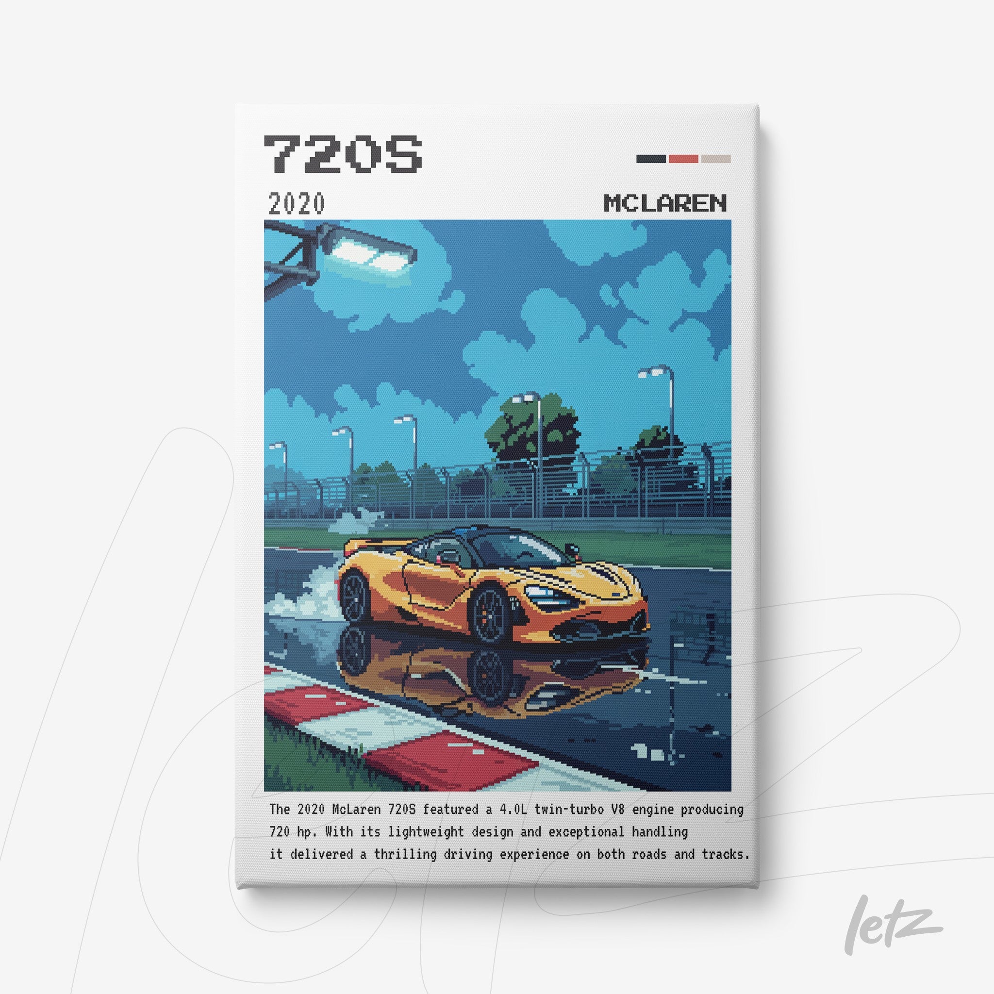 quadro com arte digital do carro McLaren 720S em destaque, com fundo de corrida noturna e reflexos na pista molhada