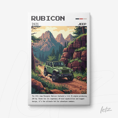 quadro com arte digital em estilo pixelado representando um Jeep Rubicon 2021 em uma trilha montanhosa