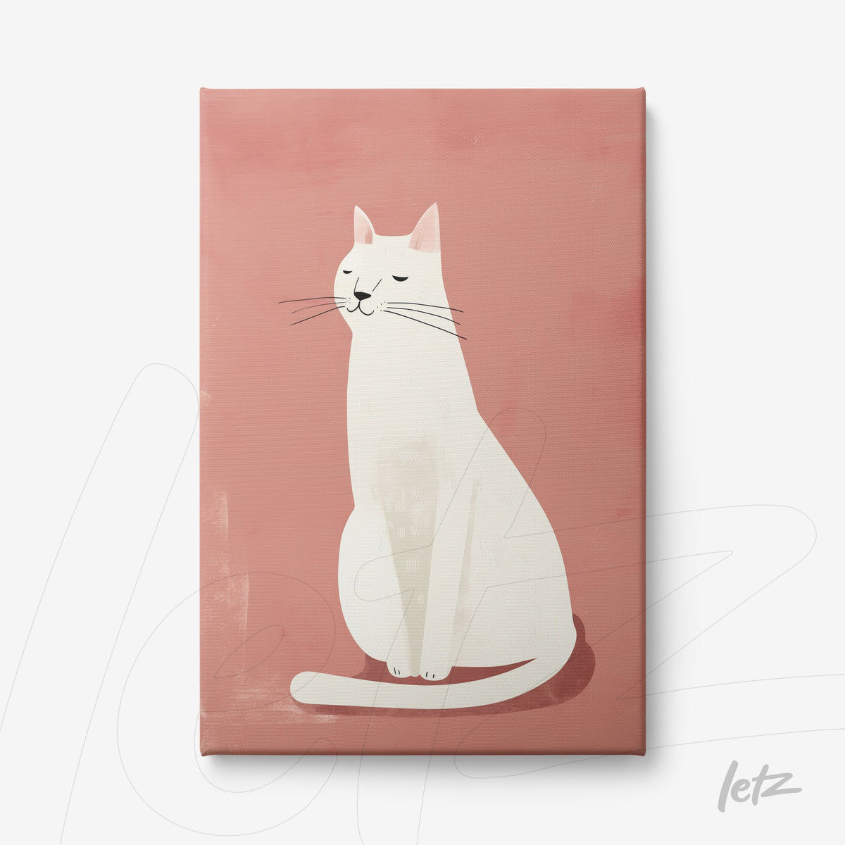 quadro em canvas com ilustração minimalista de um gato branco em fundo rosa claro