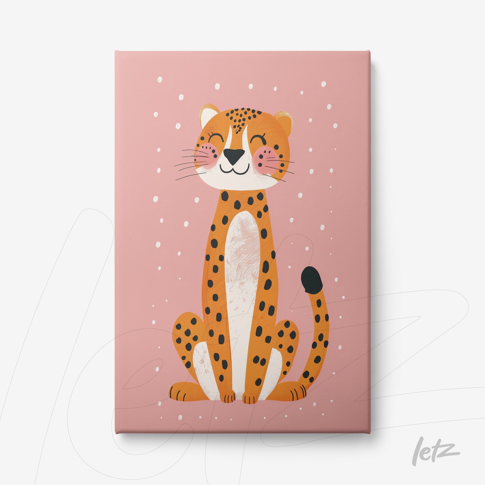 quadro em canvas de uma ilustração colorida de um leopardo sorridente sobre fundo rosa com bolinhas brancas