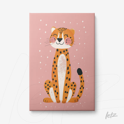 quadro em canvas de uma ilustração colorida de um leopardo sorridente sobre fundo rosa com bolinhas brancas