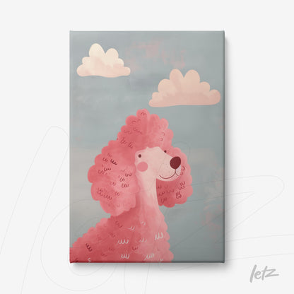 quadro em canvas com ilustração de poodle rosa sobre fundo azul e nuvens suaves