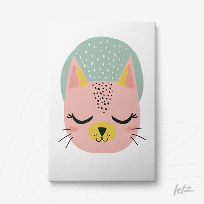 quadro em canvas com ilustração de gato rosa com chapéu azul e olhos fechados