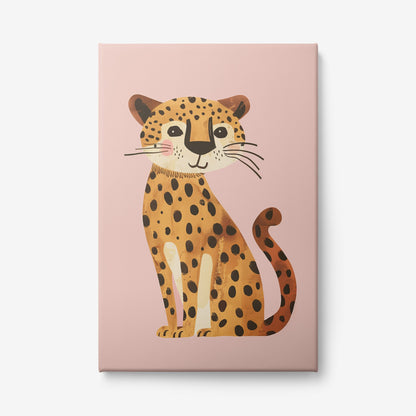 quadro em canvas com ilustração de um leopardo sorridente sobre fundo rosa