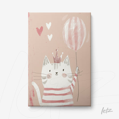 quadro em canvas com ilustração de gato fofo usando uma coroa e segurando um balão rosa em fundo suave