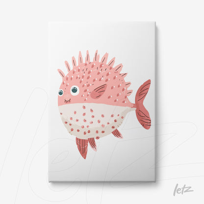 quadro com arte digital de um peixe bola rosa com espinhos e olhos grandes