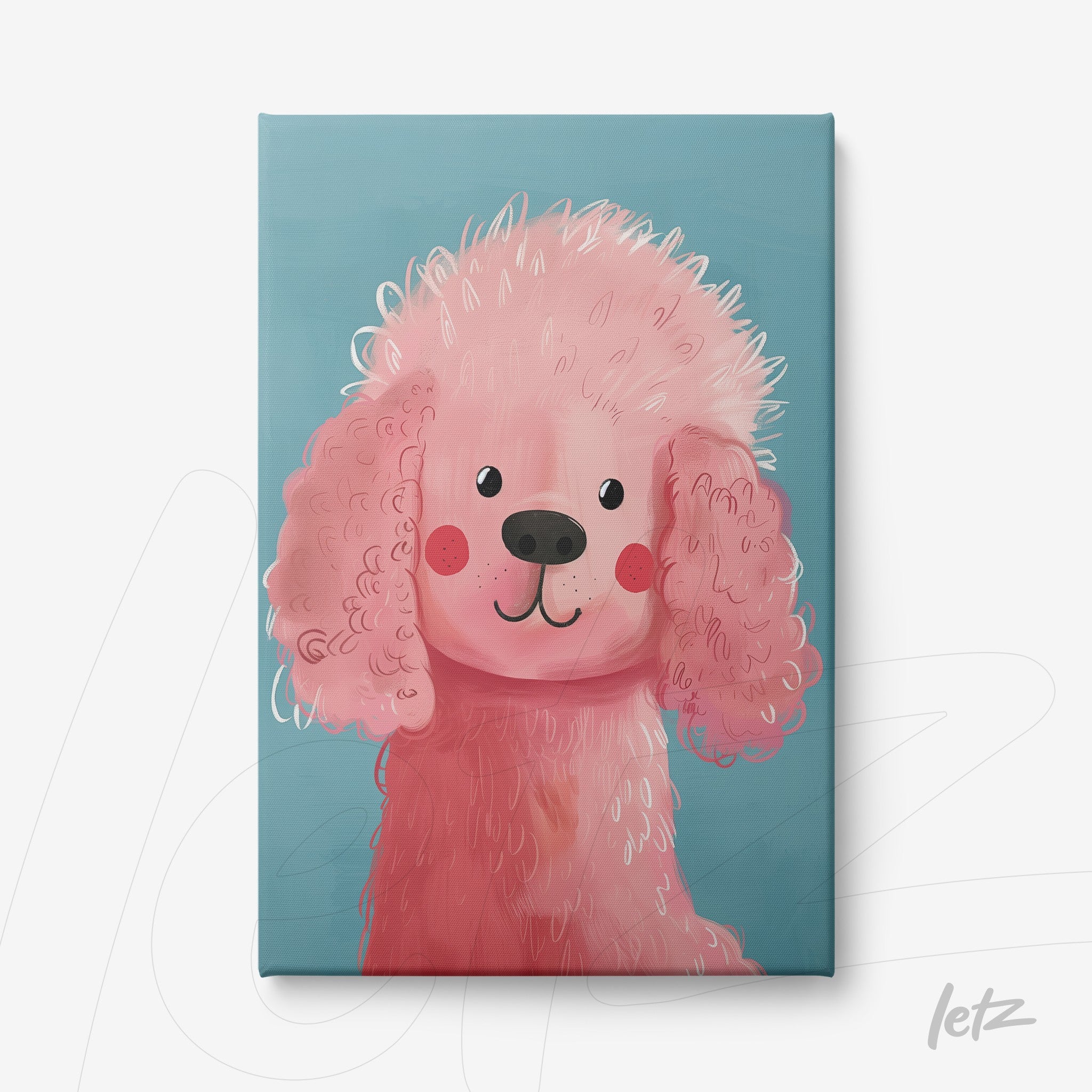 quadro de cachorro rosa estilizado com fundo azul