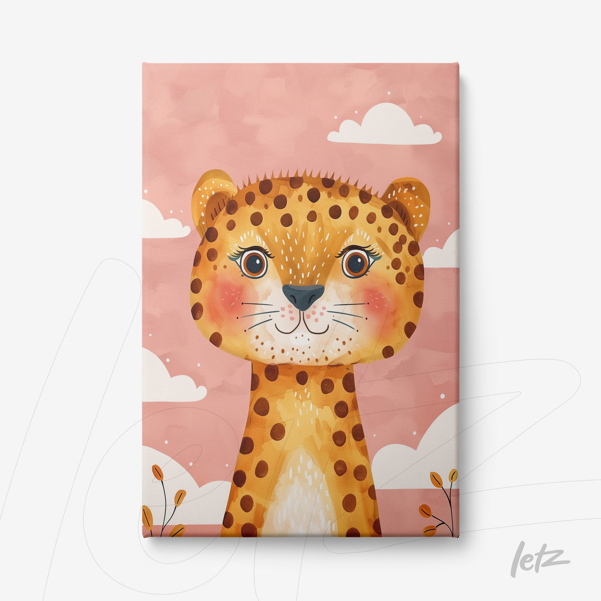 arte digital de leopardo fofo em fundo rosa com nuvens brancas