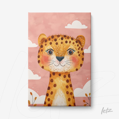 arte digital de leopardo fofo em fundo rosa com nuvens brancas