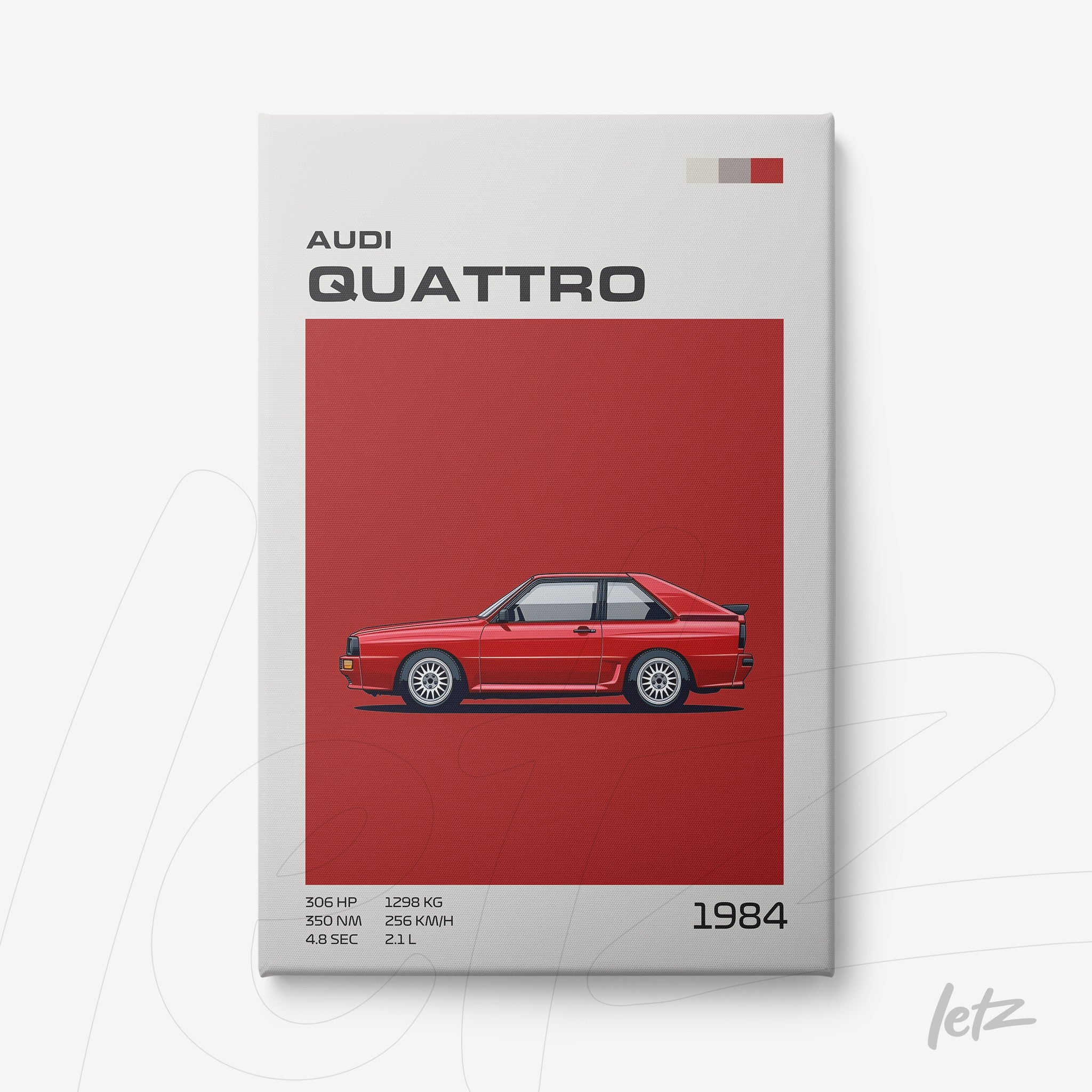 quadro com ilustração estilizada do carro Audi Quattro 1984 em fundo vermelho