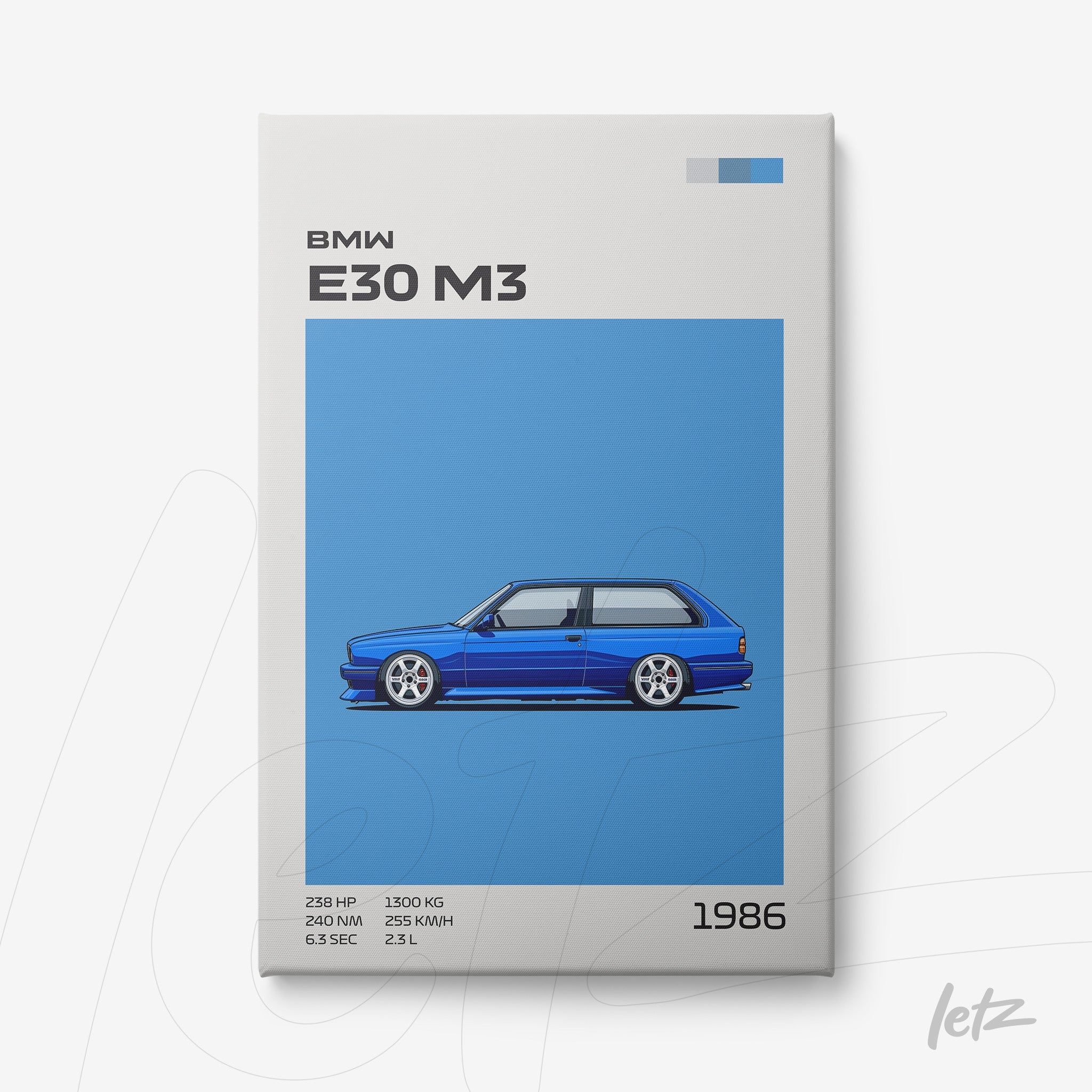 quadro com arte digital do carro BMW E30 M3 em fundo azul vibrante