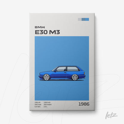 quadro com arte digital do carro BMW E30 M3 em fundo azul vibrante