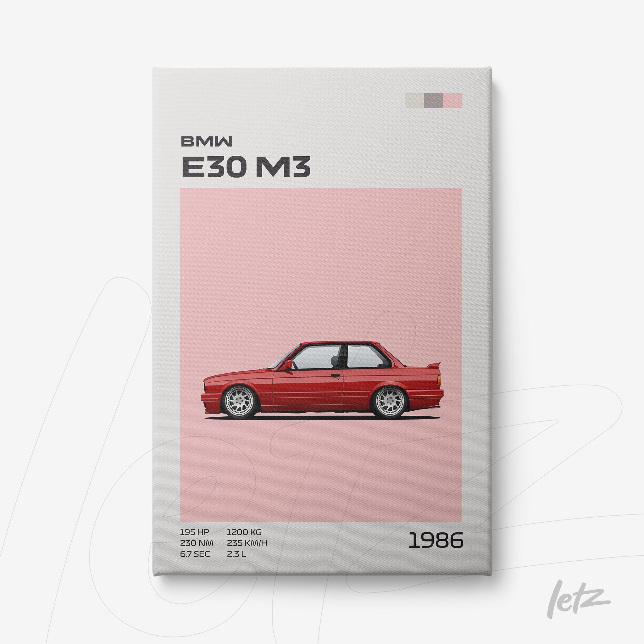 quadro com ilustração minimalista do BMW E30 M3 em fundo rosa claro