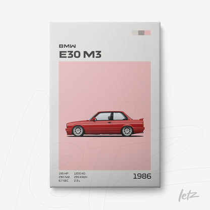 quadro com ilustração minimalista do BMW E30 M3 em fundo rosa claro