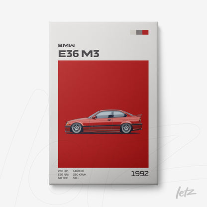 quadro com arte digital de carro BMW E36 M3 em fundo vermelho, apresentando detalhes técnicos em texto moderno