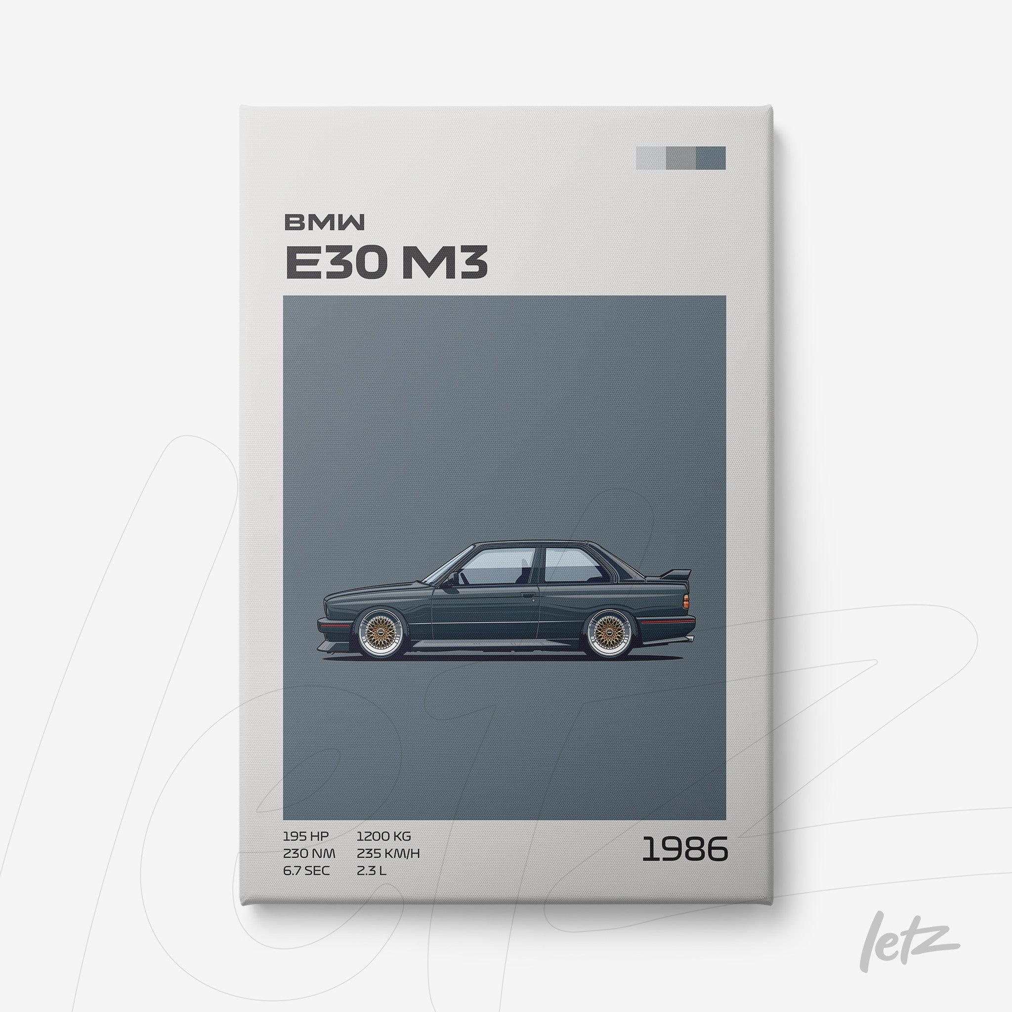 quadro com ilustração do carro BMW E30 M3 em fundo azul, destacando detalhes do modelo de 1986