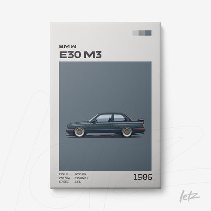 quadro com ilustração do carro BMW E30 M3 em fundo azul, destacando detalhes do modelo de 1986