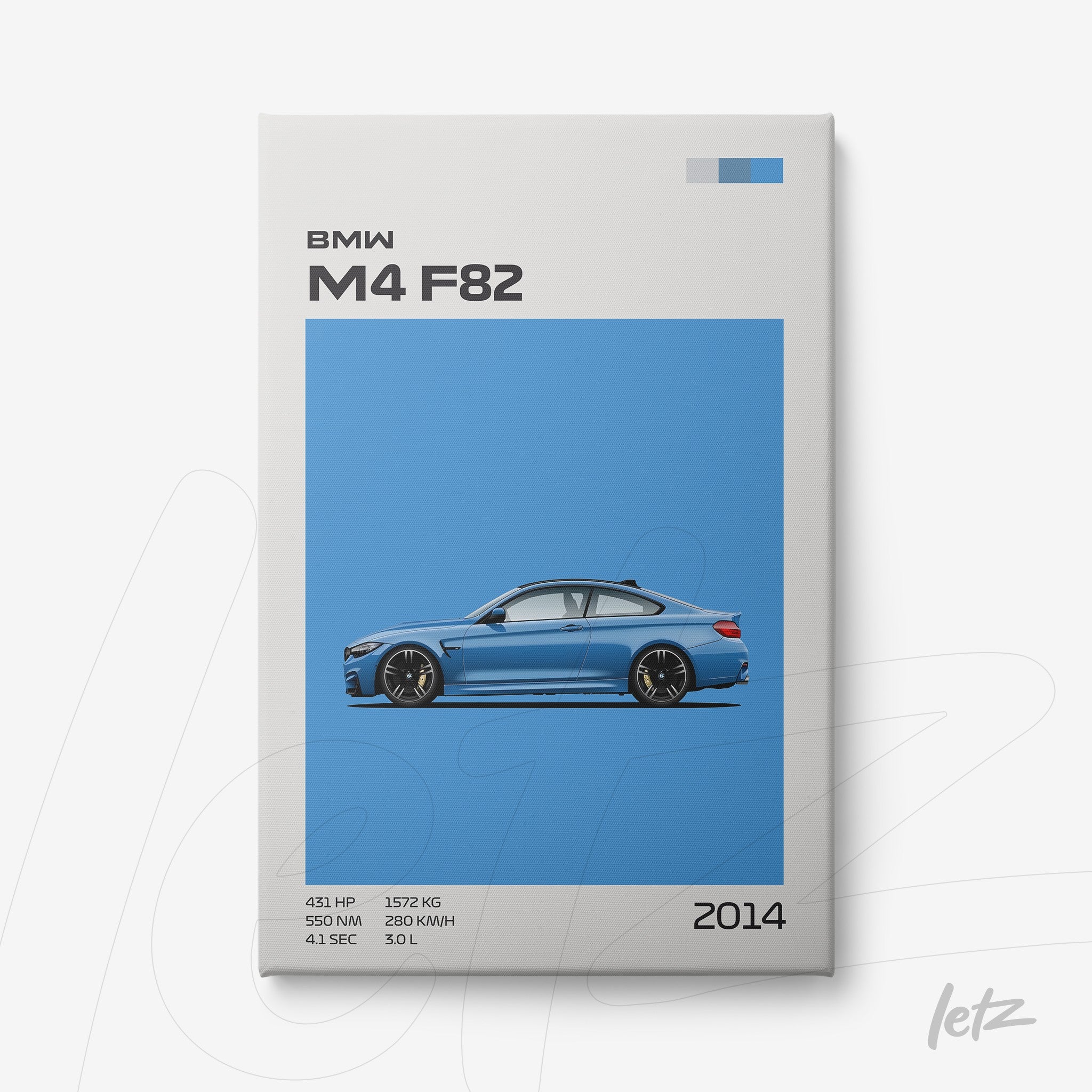 quadro com design moderno do BMW M4 F82 em fundo azul vibrante