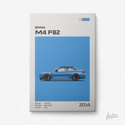 quadro com design moderno do BMW M4 F82 em fundo azul vibrante