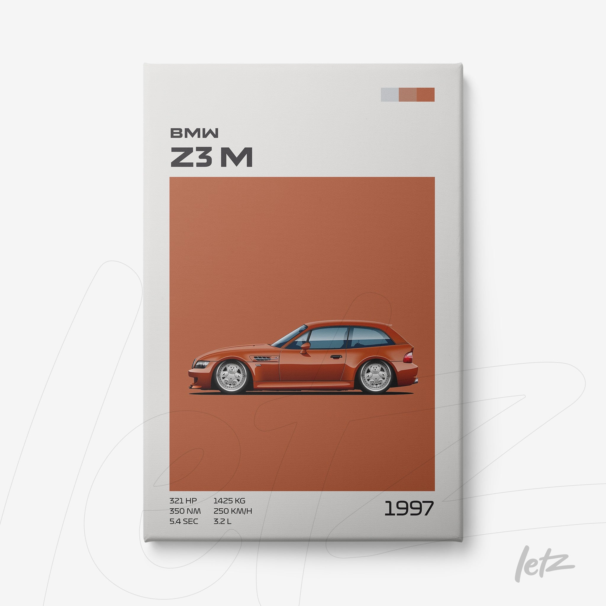 quadro com arte do carro BMW Z3 M de 1997 em fundo laranja com ilustrações detalhadas
