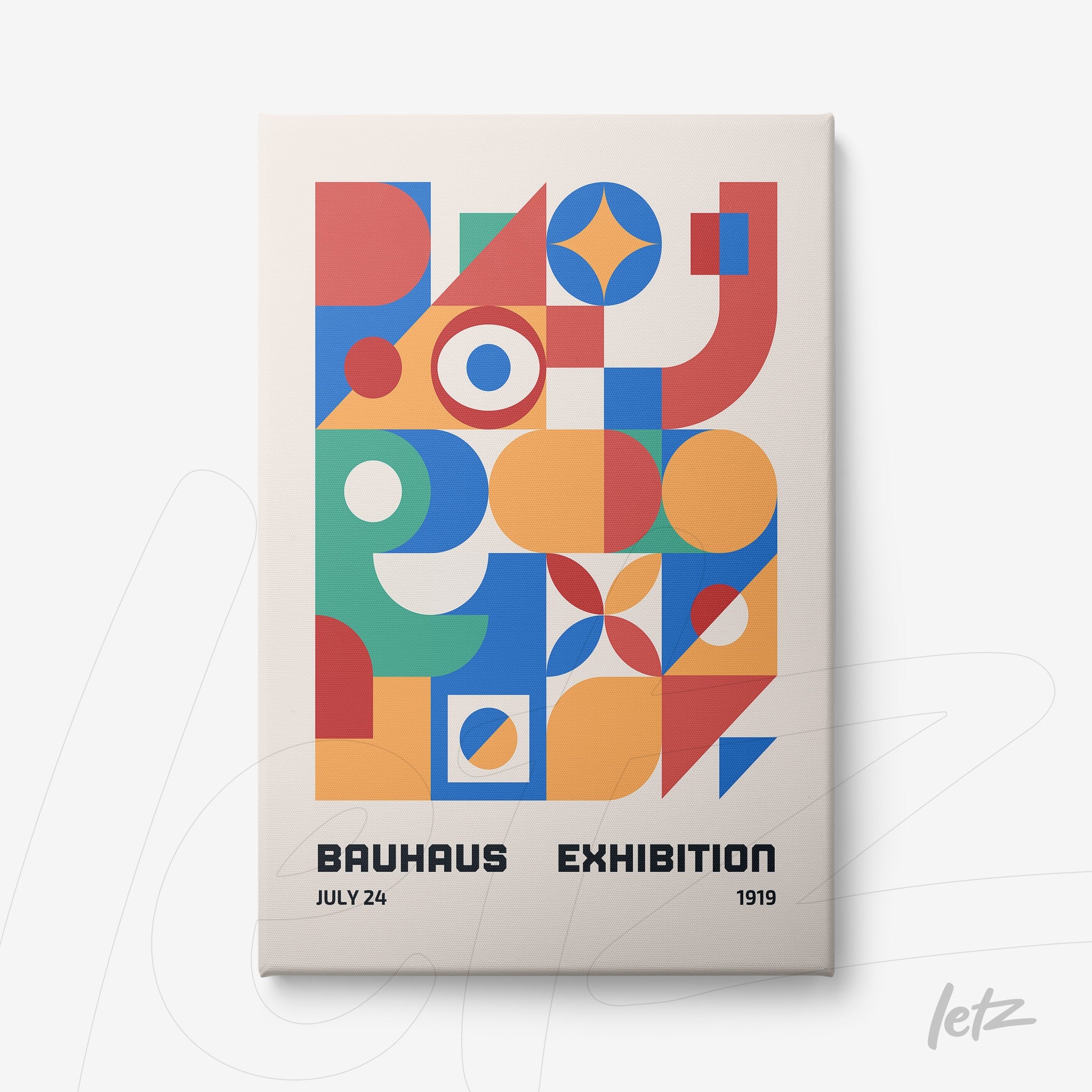 tela canvas com arte geométrica colorida estilo bauhaus exibida com fundo branco