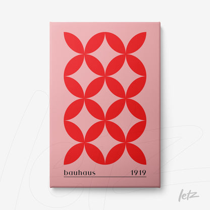 arte geométrica estilo bauhaus com padrão de círculos vermelhos sobre fundo rosa, impressão em tela canvas