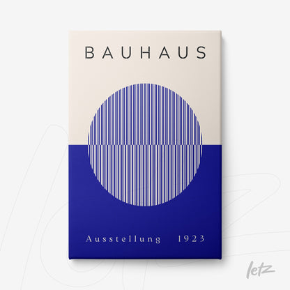 pôster em estilo Bauhaus com círculo de linhas verticais em azul e bege