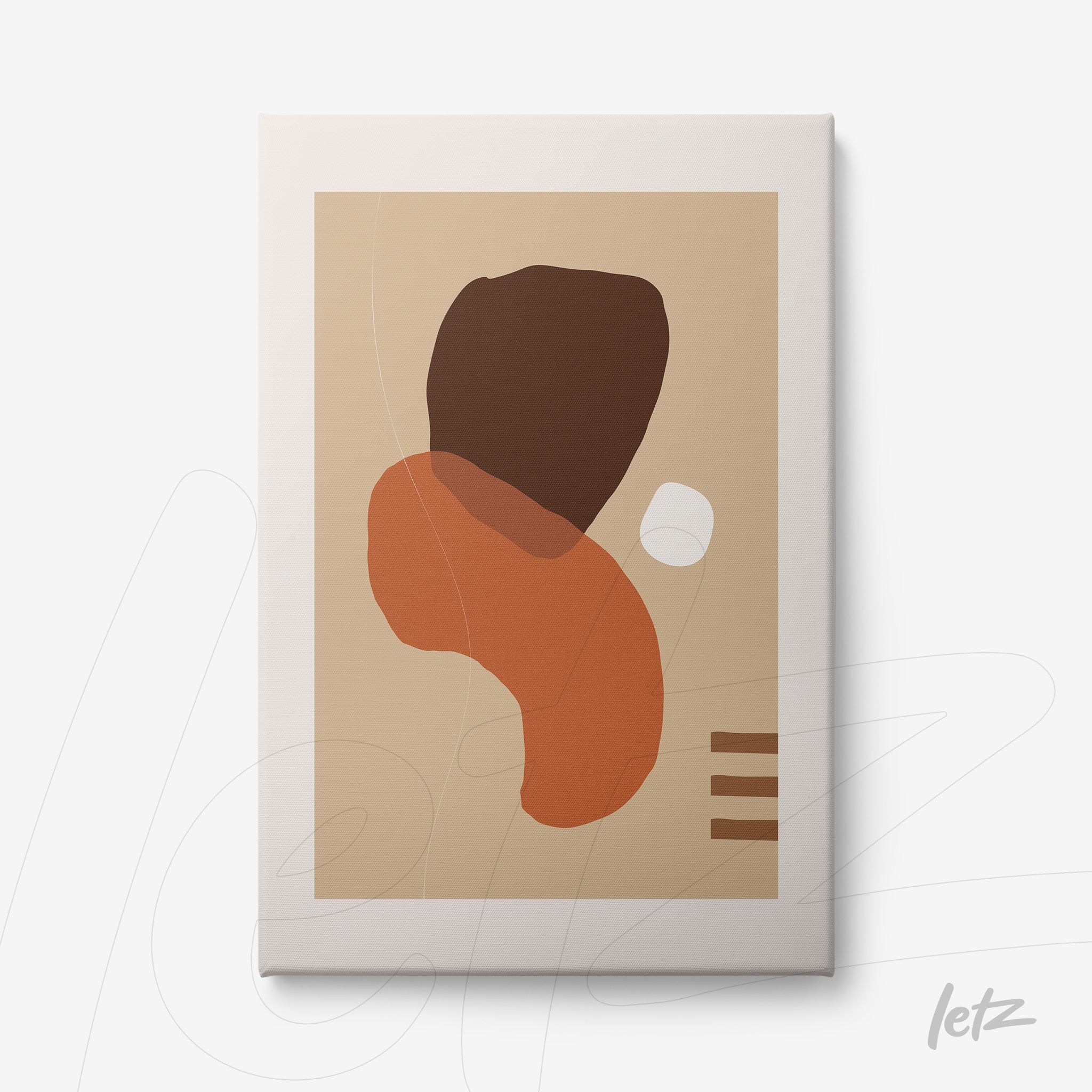 tela em canvas com formas abstratas em tons terrosos e detalhes brancos sobre fundo bege