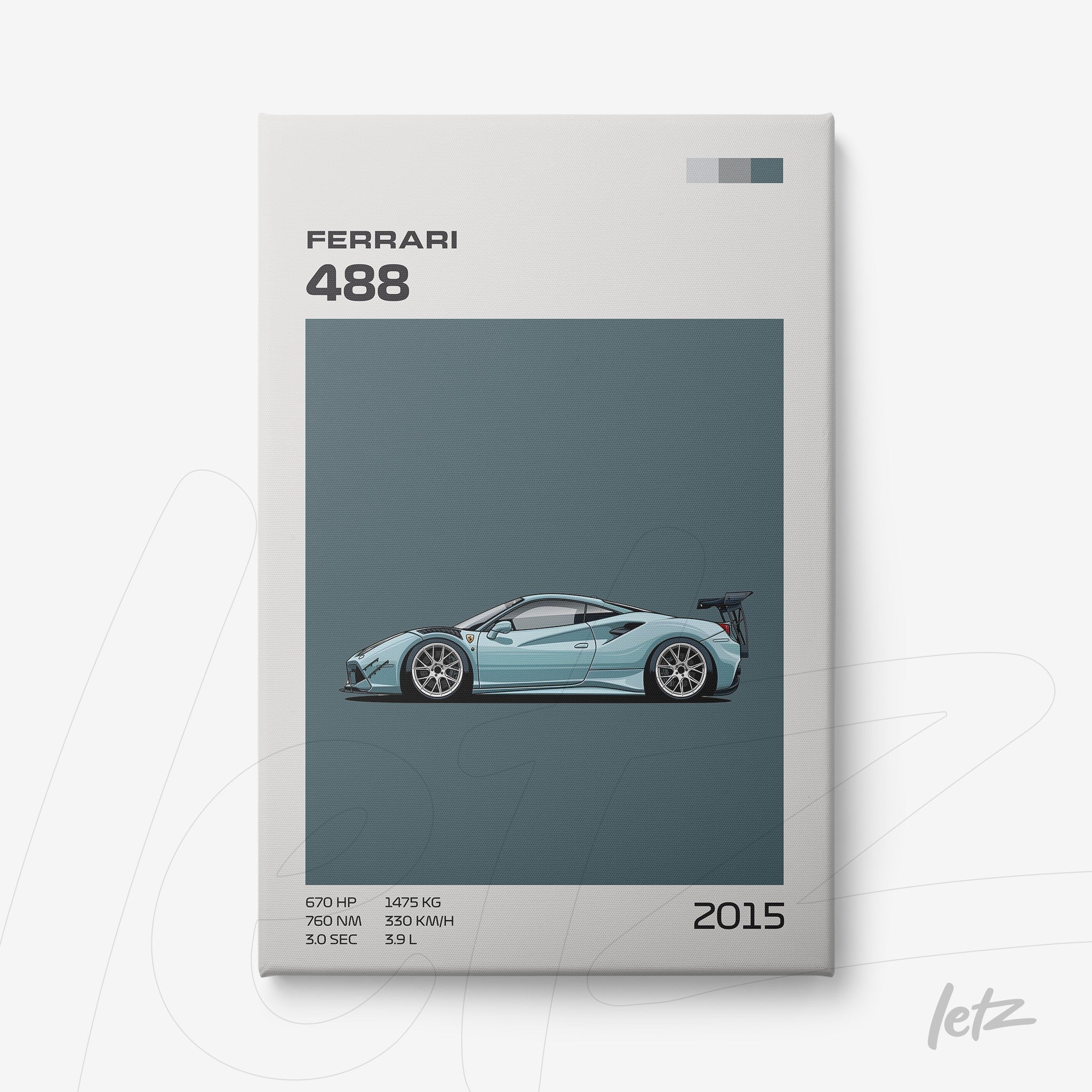 quadro com ilustração estilizada da Ferrari 488 em fundo azul e informações sobre o modelo