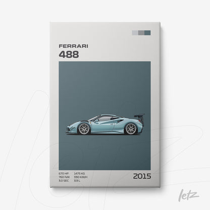 quadro com ilustração estilizada da Ferrari 488 em fundo azul e informações sobre o modelo