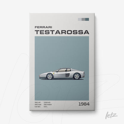 quadro em canvas com ilustração de carro Ferrari Testarossa em fundo azul claro