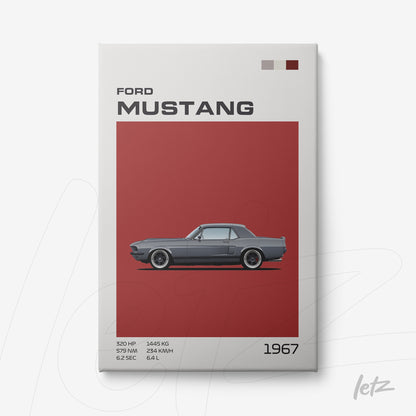 quadro com ilustração minimalista do Ford Mustang 1967 em fundo vermelho