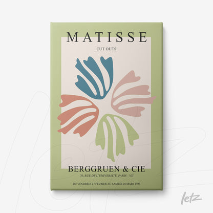 quadro em canvas com arte estilizada de recortes de Matisse, apresentado em fundo verde claro