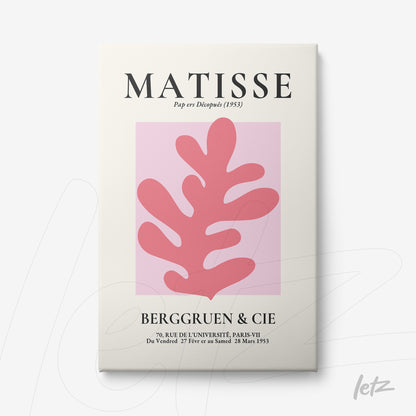 quadro decorativo com arte moderna de fundo rosa e formas orgânicas em rosa claro, estilo inspirado em Henri Matisse, com moldura branca