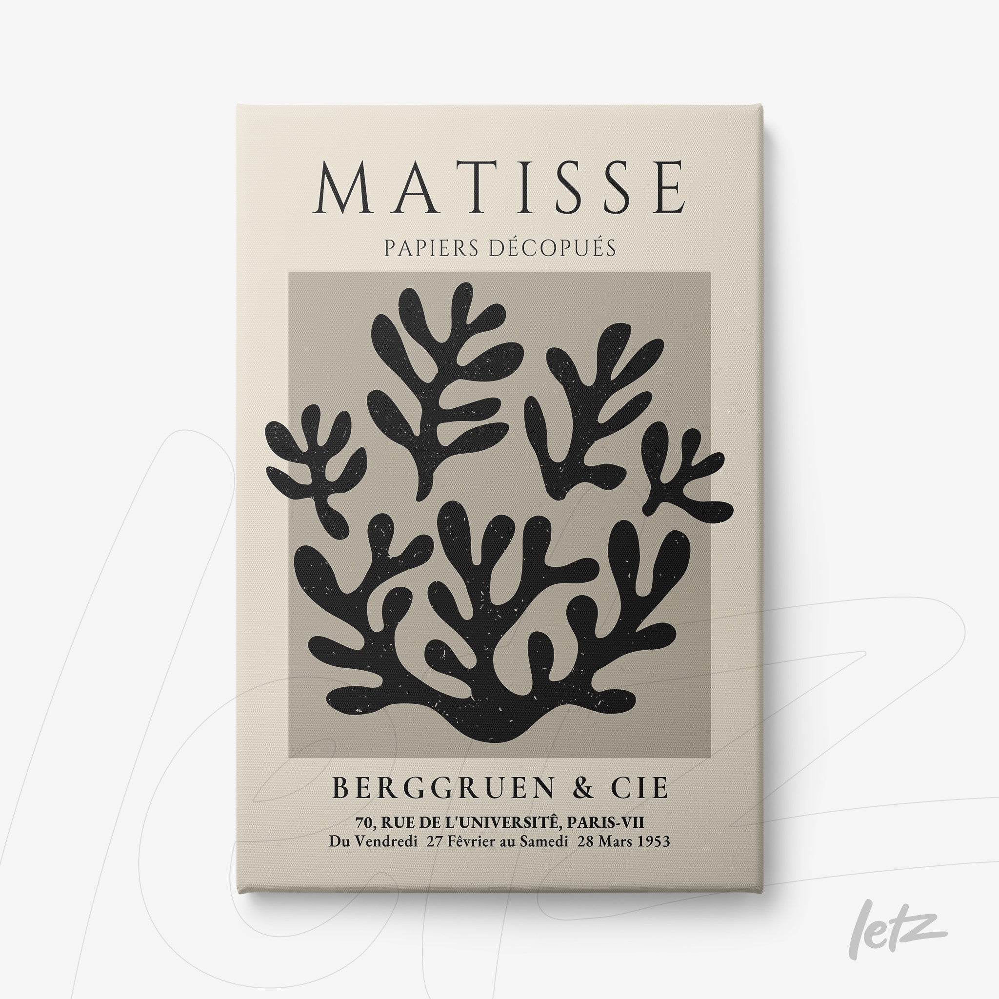 quadro com arte moderna inspirado em Matisse, apresentando formas de algas em preto sobre fundo neutro