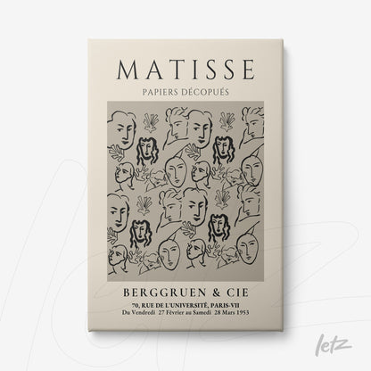 quadro com arte em estilo minimalista apresentando rostos estilizados em fundo claro, moldura em tom neutro