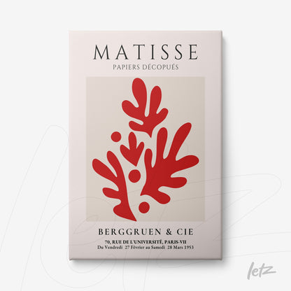 quadro com arte em papel recortado de Matisse apresentando formas orgânicas vermelhas sobre fundo claro
