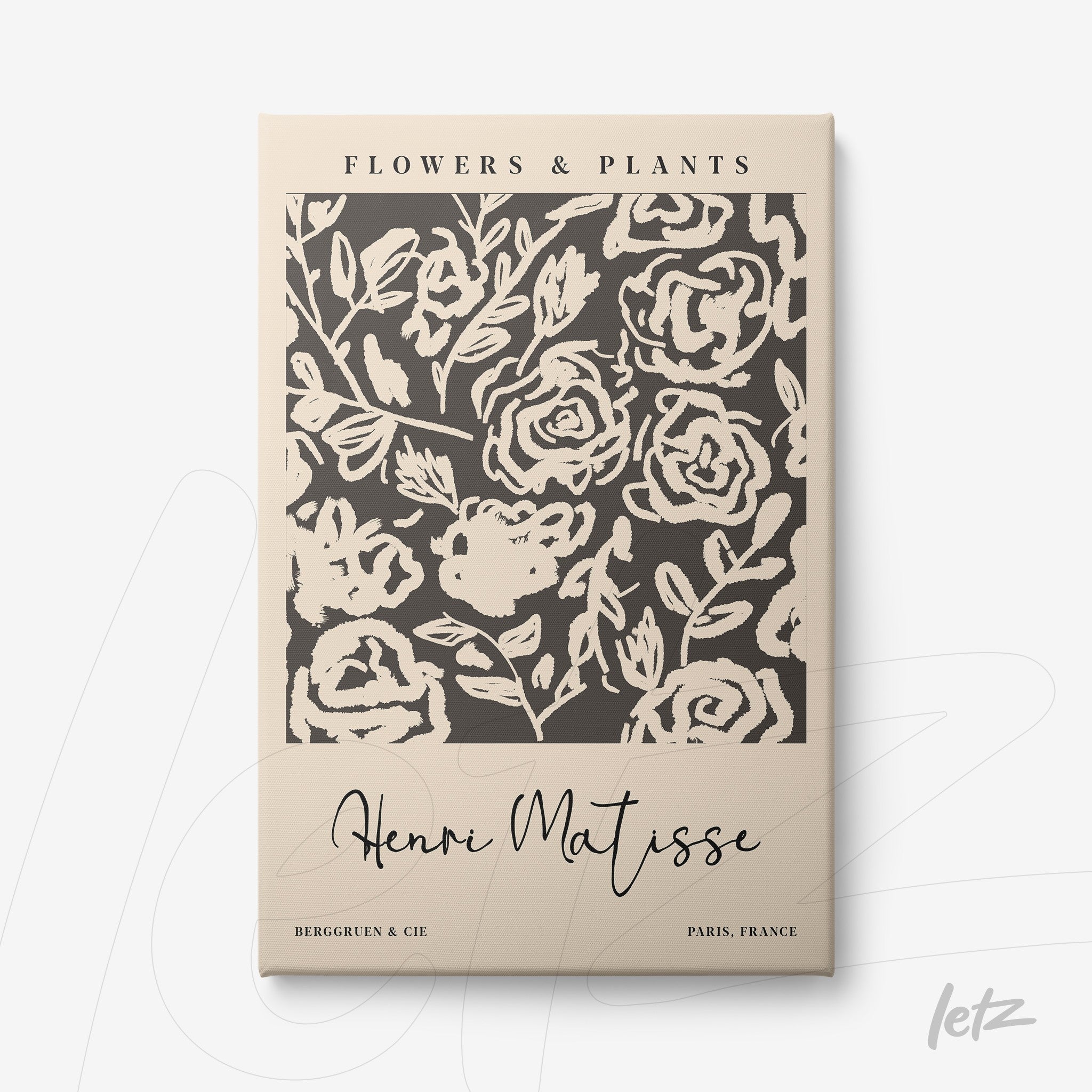 quadro em canvas com design florido em tons de bege e marrom, destacando rosas estilizadas, moldura leve, e texto no estilo vintage