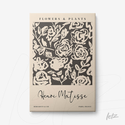 quadro em canvas com design florido em tons de bege e marrom, destacando rosas estilizadas, moldura leve, e texto no estilo vintage