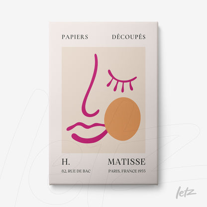 quadro com arte minimalista de rosto abstrato em cores vibrantes, com fundo claro e moldura branca