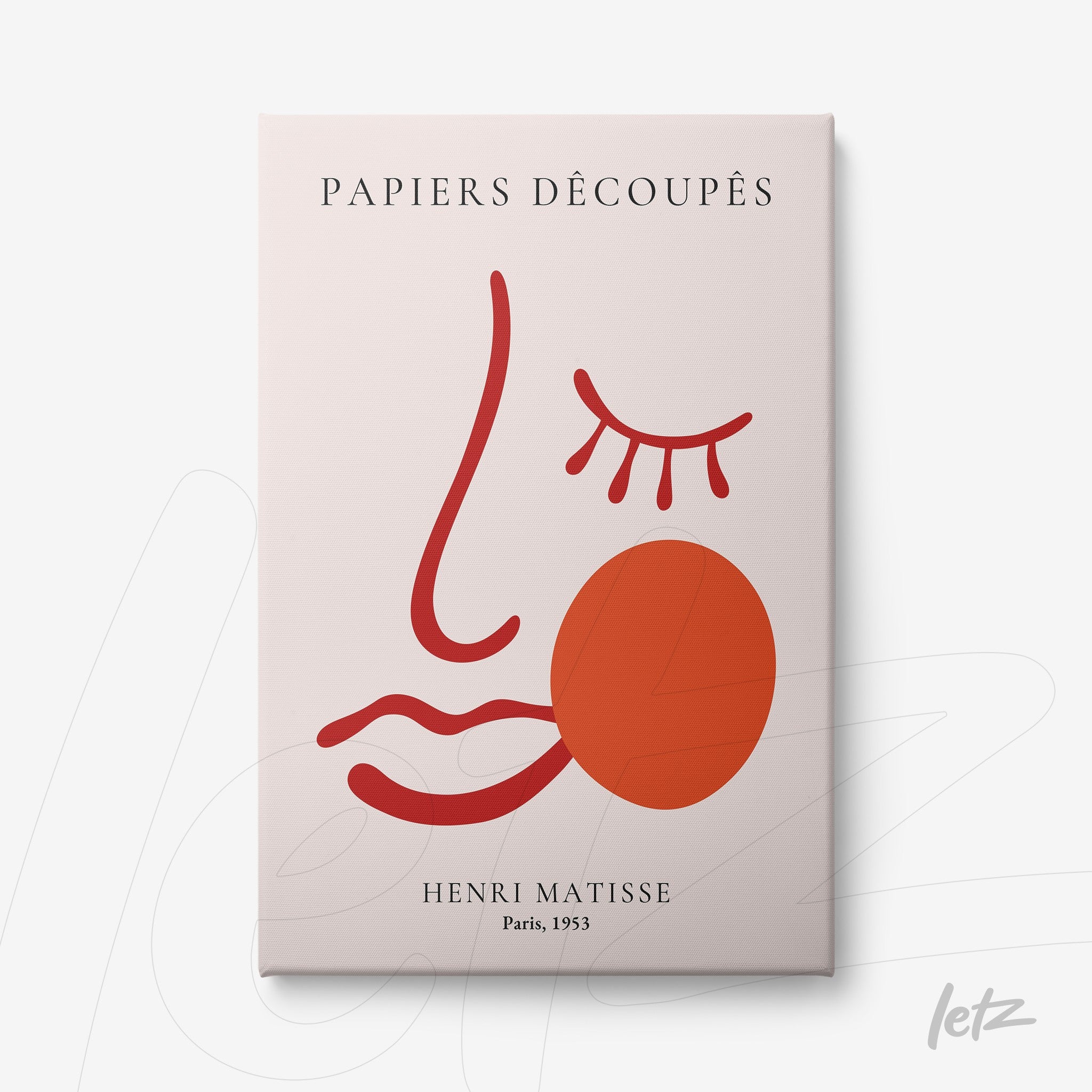 quadro com arte moderna de rosto minimalista em fundo rosa claro, com traços em vermelho e laranja, texto em destaque na parte superior e inferior