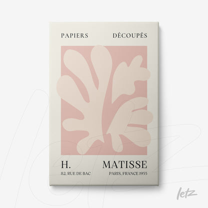 quadro com arte de recortes em cores suaves inspirada em Matisse, fundo rosa e formas orgânicas