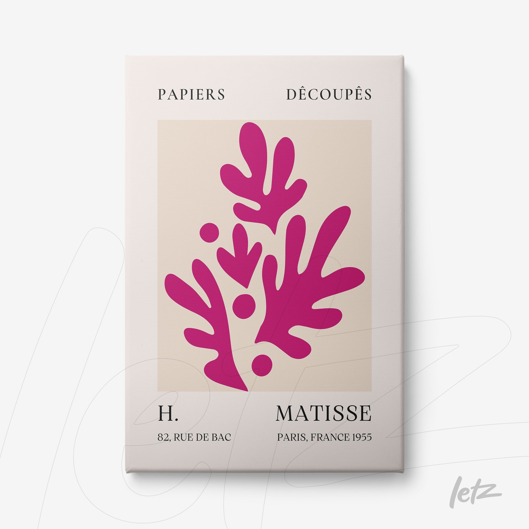 quadro com arte moderna de formas estilizadas em cores rosa sobre fundo creme, com moldura branca