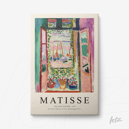 quadro com arte de Henri Matisse representando uma janela aberta com vista para um jardim, carinho colorido e moldura branca