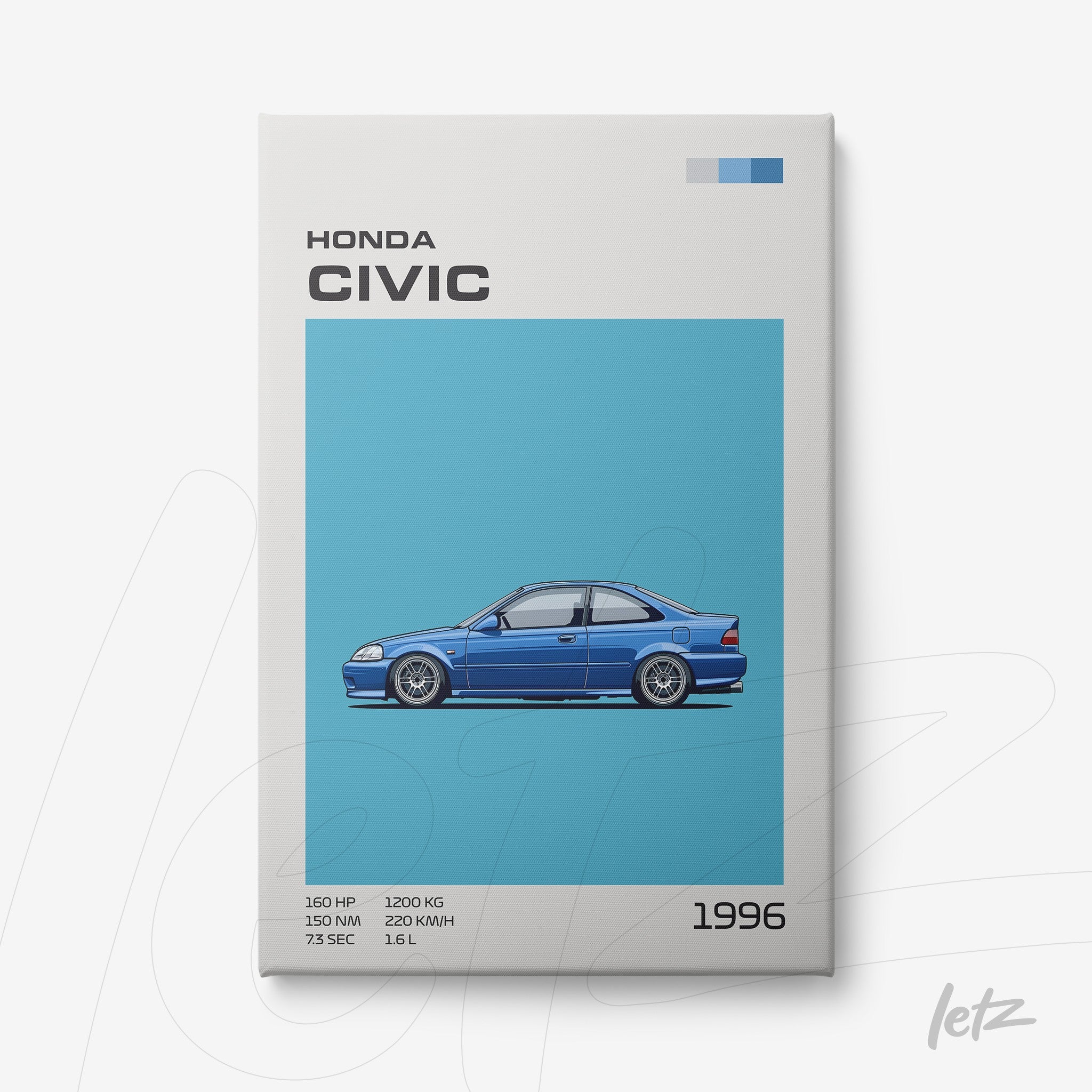 quadro com ilustração de um carro Honda Civic azul de 1996, sobre fundo azul claro