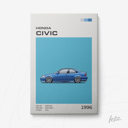 quadro com ilustração de um carro Honda Civic azul de 1996, sobre fundo azul claro