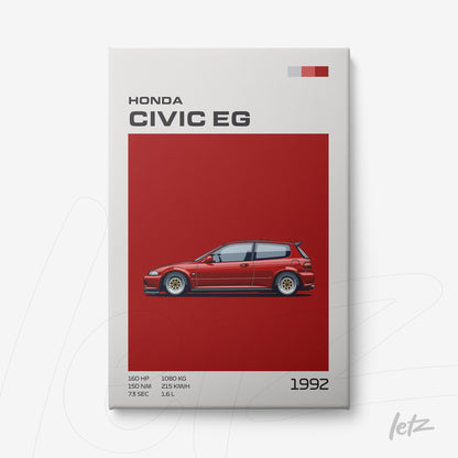 quadro com arte digital de um Honda Civic EG vermelho sobre fundo vermelho, com detalhes técnicos na parte inferior