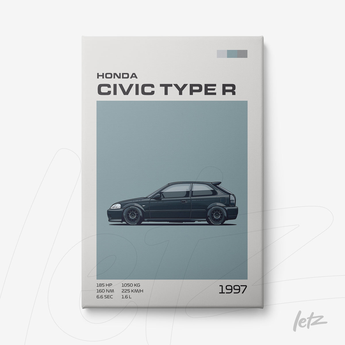 quadro com ilustração do carro Honda Civic Type R de 1997 em fundo azul claro
