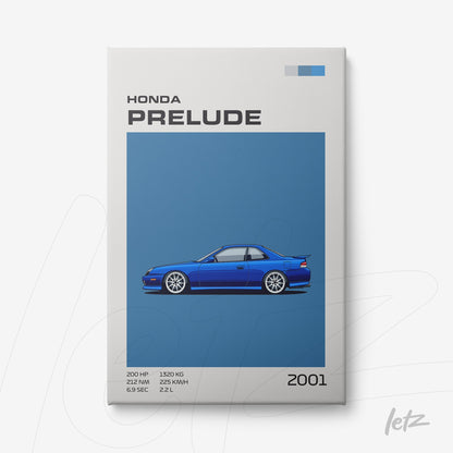 quadro com arte digital de um carro Honda Prelude 2001 em fundo azul, com detalhes em preto e brancos